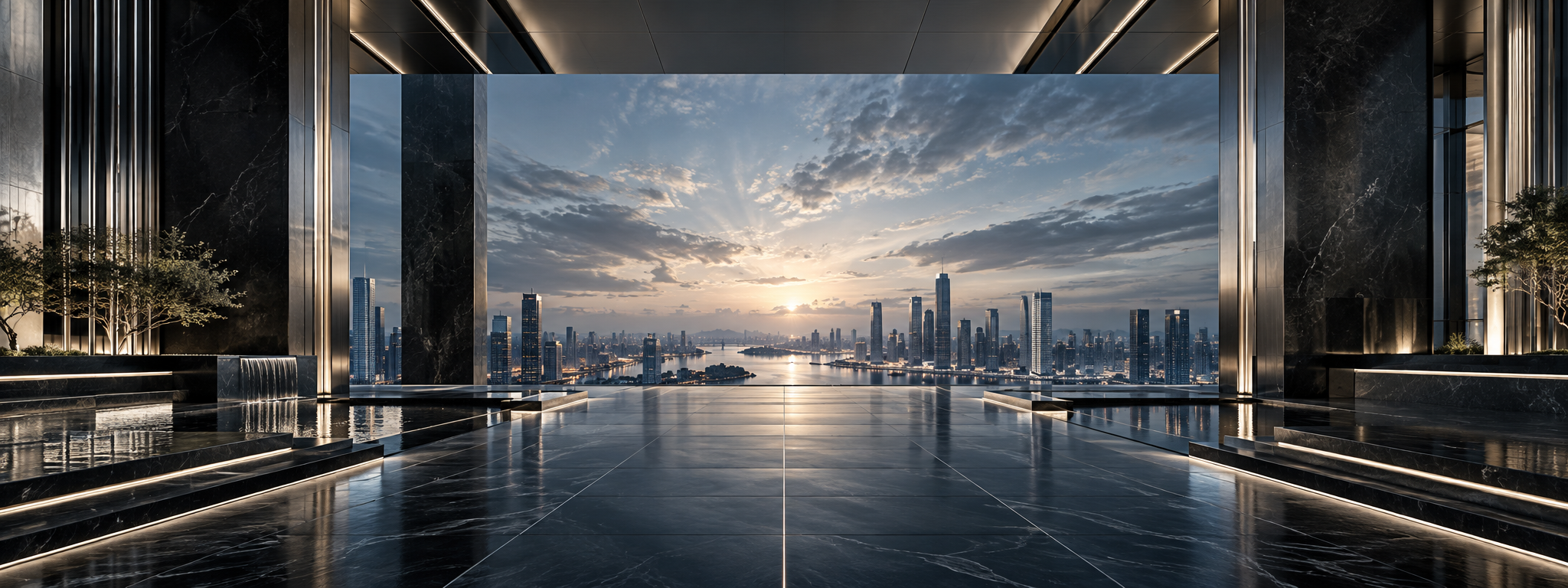 A monumental black-and-silver corporate space overlooking a global city