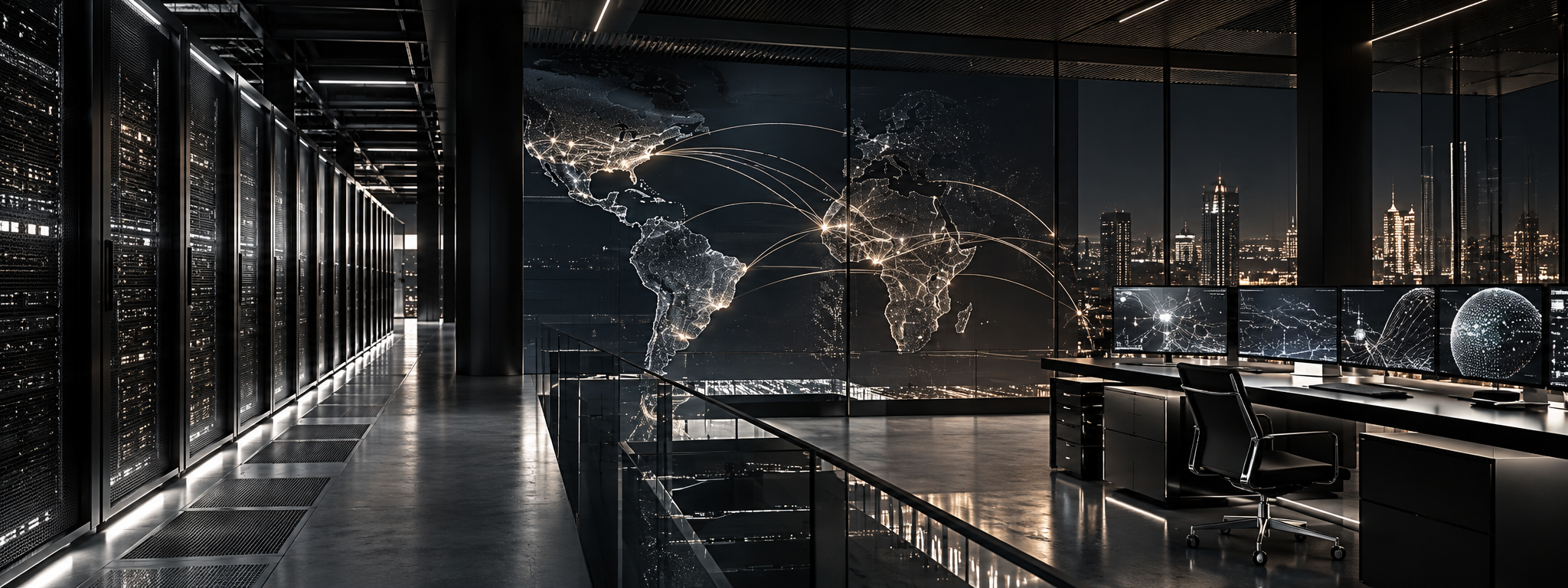 A sophisticated technology infrastructure environment representing secure global digital systems